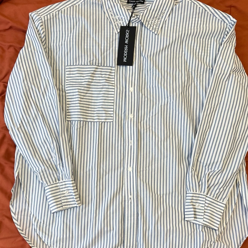 Modern Works White and Blue Striped Casual Shirt, Oversized, large style 28”x26”